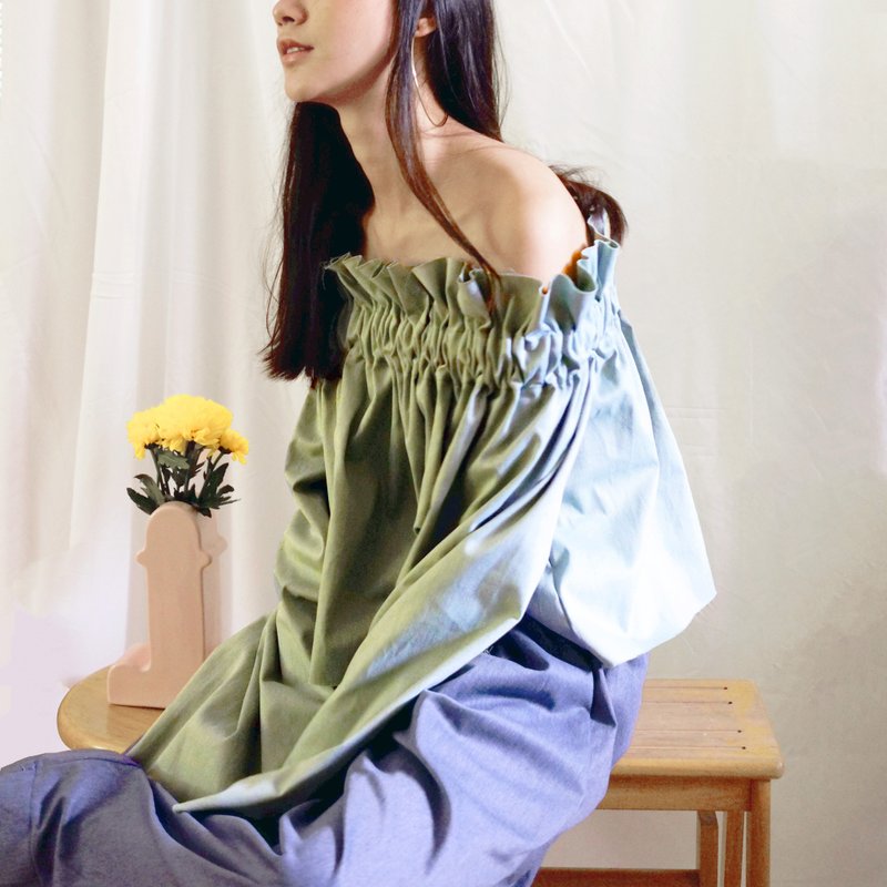 一字领上衣 (绿色牛仔) - 女装上衣 - 棉．麻 绿色