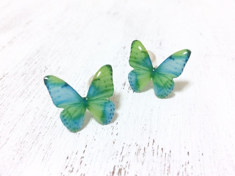 Bluegreen Butterfly Stud Earrings With Pearl, Dainty 14k Gold Fill, BG04 - 耳环/耳夹 - 其他材质 绿色