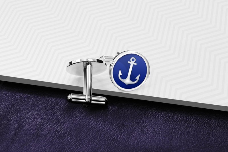 蓝色袖扣 - 船锚袖扣 - 你的颜色的袖扣, 珐琅袖扣, 男士结婚袖扣 - 袖扣 - 纯银 蓝色