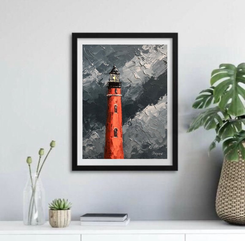 Original Lighthouse Painting Sky Landscape Oil Painting On Canvas Contemporary - 墙贴/壁贴 - 棉．麻 多色