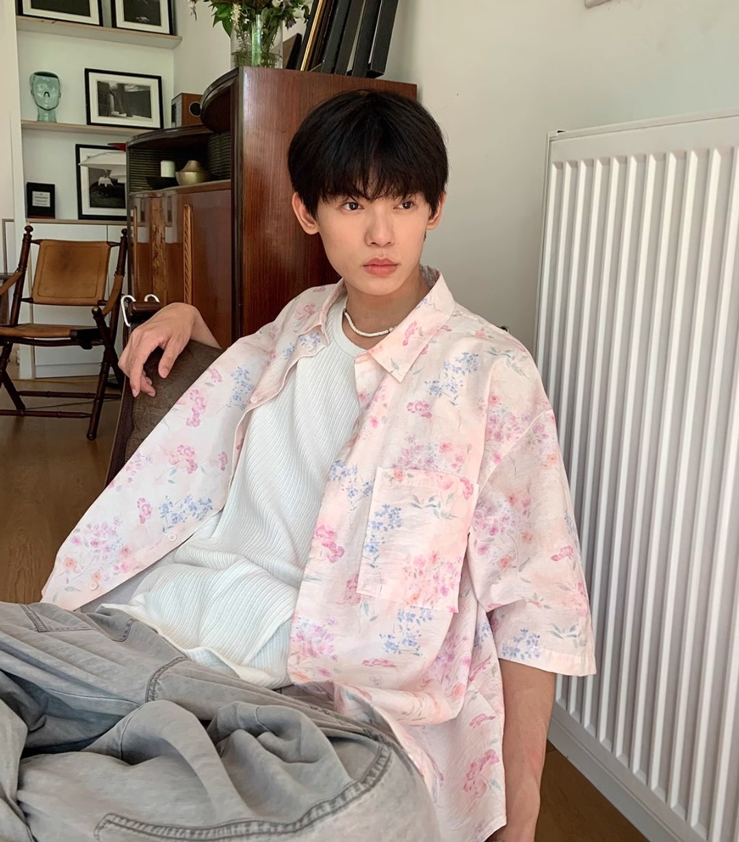 日系复古 粉色小花短袖衬衫 - 男装衬衫 - 其他材质 粉红色