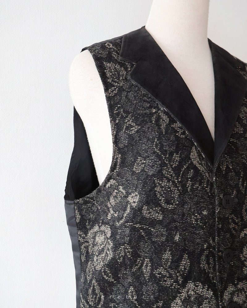 日本制复古花朵织纹黑灰色古着背心 - 女装上衣 - 羊毛 黑色