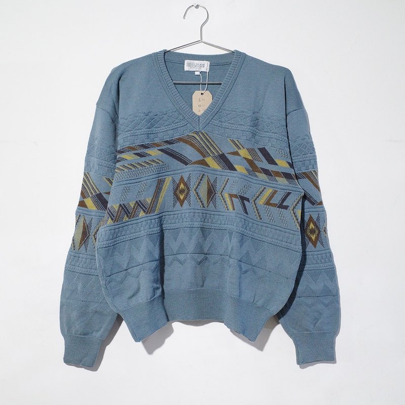 复古毛衣 古着毛衣 古着 毛衣 日本制 100% 纯羊毛 不规则几何 - 男装针织衫/毛衣 - 羊毛 蓝色