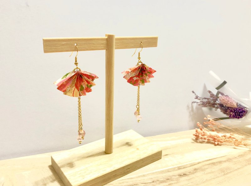 【折纸耳环系列】彩橘千和 纸扇款 ( 可改耳夹 ) - 耳环/耳夹 - 纸 橘色