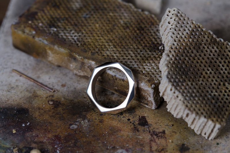 纯银大卫之星几何六角戒指 - 戒指 - 纯银 银色