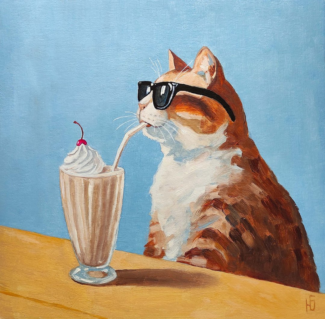 猫原创油画，有趣的宠物肖像，Kitty 艺术品。 油画, 油画原作 - 海报/装饰画/版画 - 其他材质 多色