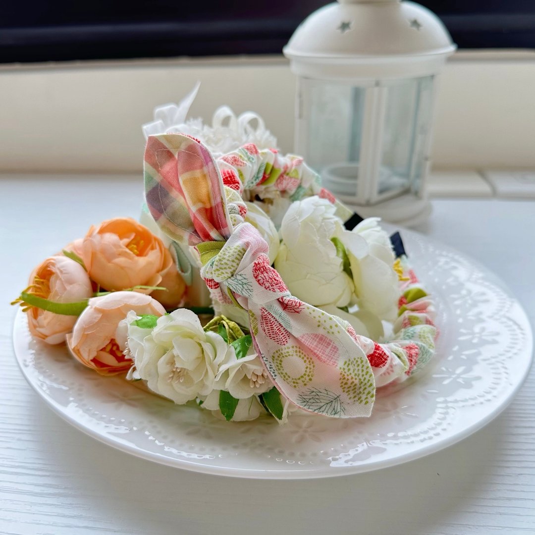 纯棉拼布绑结蝴蝶结细版发箍头箍发饰-彩色圆圈格纹 - 发带/发箍 - 棉 多色