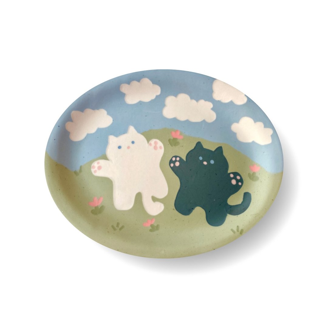 黑白双猫陶瓷椭圆盘 - 猫奴控 早午餐盘 意粉碟 猫咪礼物 - 盘子/餐盘/盘架 - 瓷 