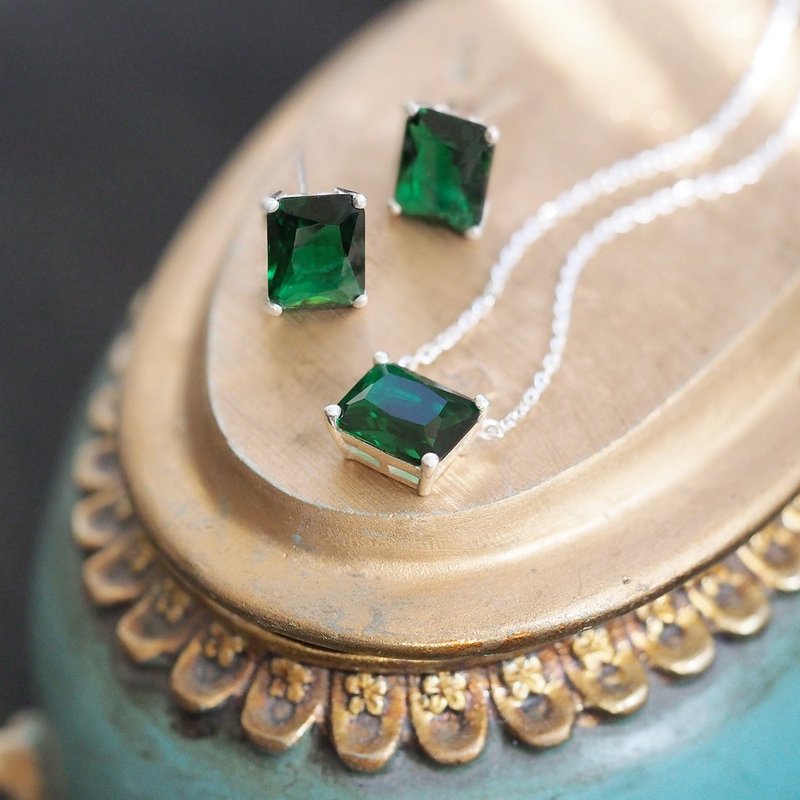 2分套装）祖母绿项链耳针银925 - 项链 - 其他金属 绿色