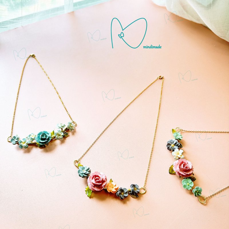 花间绽放* 海洋蓝色调/ 春日花色 手工黏土花/水晶花*项链/颈链 - 项链 - 粘土 