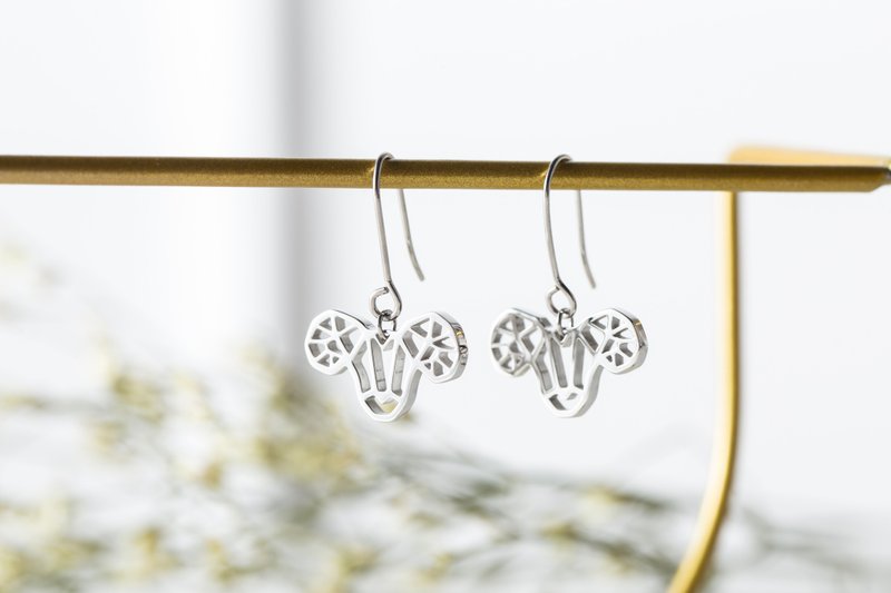 几何耳环系列-羊(单边/一对)-可改夹式-抗敏医疗钢 - 耳环/耳夹 - 不锈钢 银色