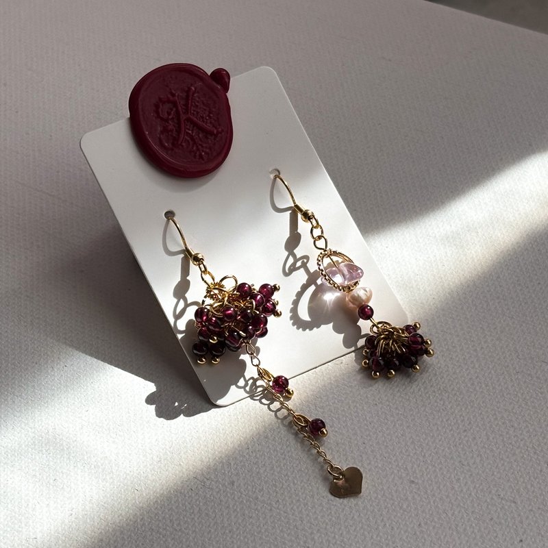 -葚  桑-水晶耳环.华丽低奢感.紫牙乌.红石榴石.紫水晶.淡水珍珠 - 耳环/耳夹 - 水晶 红色