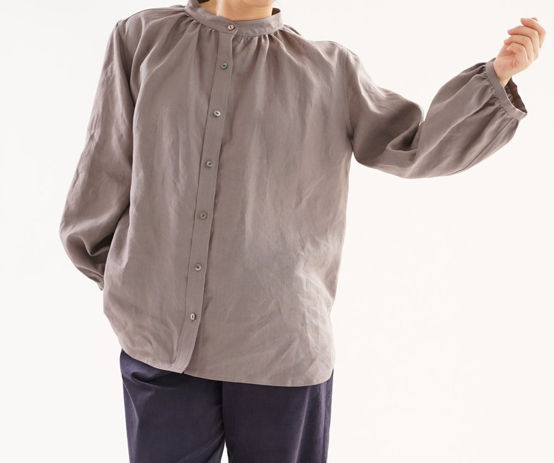 Linen fluffy stand color collar shirt tunic / vanilleu t 0 32 d - vay 2 - 女装衬衫 - 棉．麻 咖啡色
