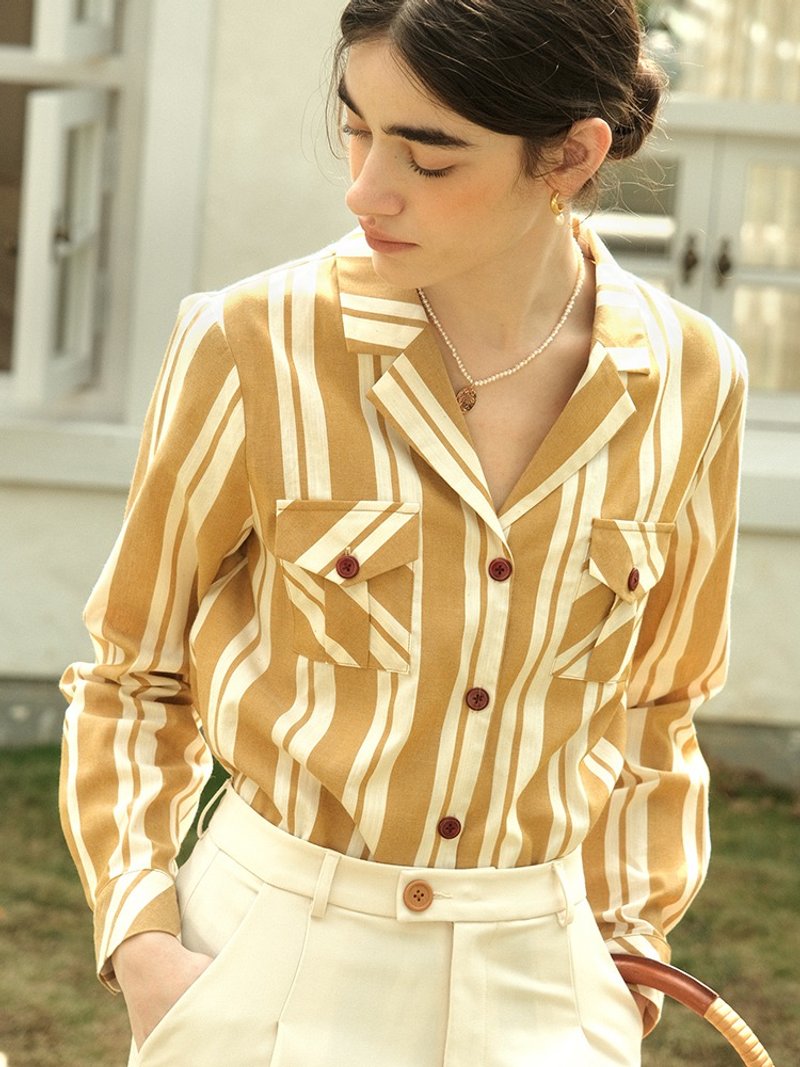 Mintcheese 法式度假 少年感 卡其黄竖条纹西服领宽松衬衫 - 女装衬衫 - 棉．麻 橘色