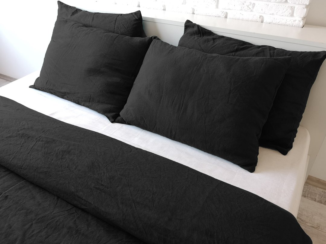 Black linen pillowcase / Black pillow cover / Euro, American, Taiwan size - 寝具 - 亚麻 黑色