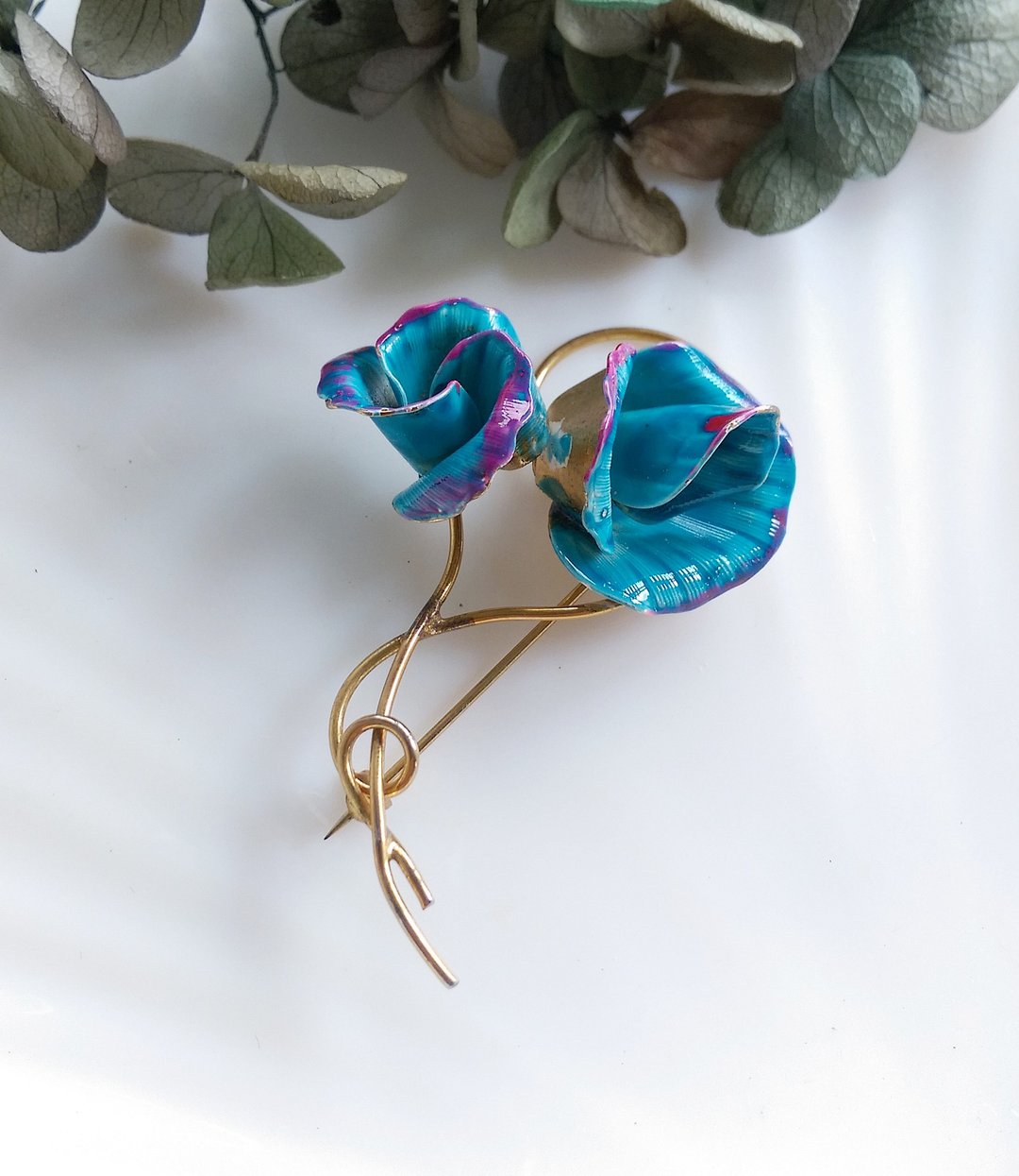 Vintage Jewelry  立体双朵珐琅花 别针 - 徽章/别针 - 其他金属 金色