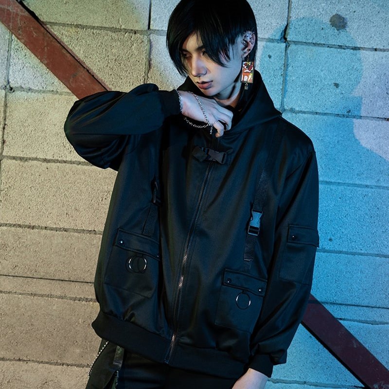 涡雷萤光织带背带猫耳朵连帽外套赛博庞克ACDC RAG台湾代理JA0566 - 男装外套 - 聚酯纤维 