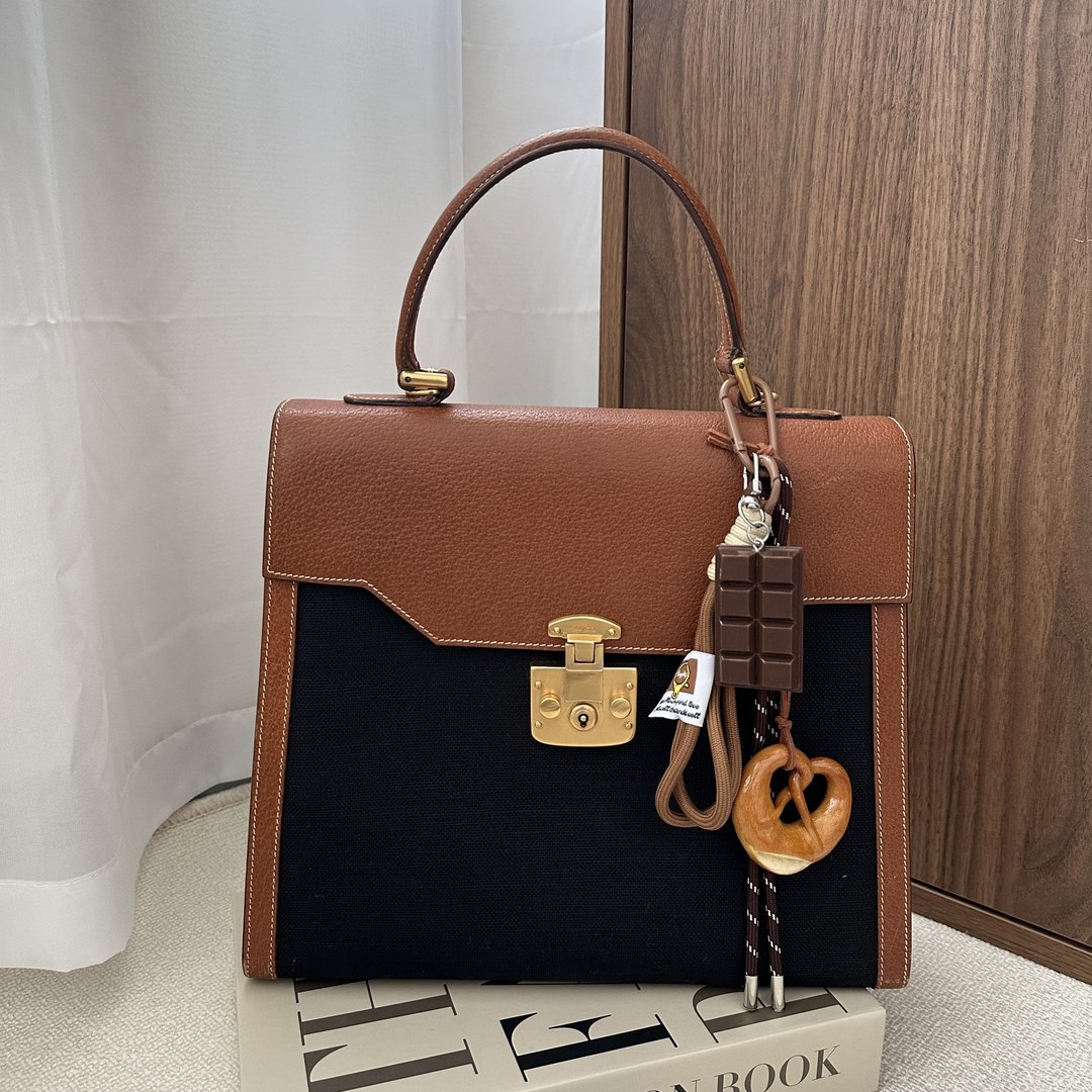 GUCCI 古驰 布料 × 猪皮 Kelly 手提包 - 手提包/手提袋 - 真皮 咖啡色