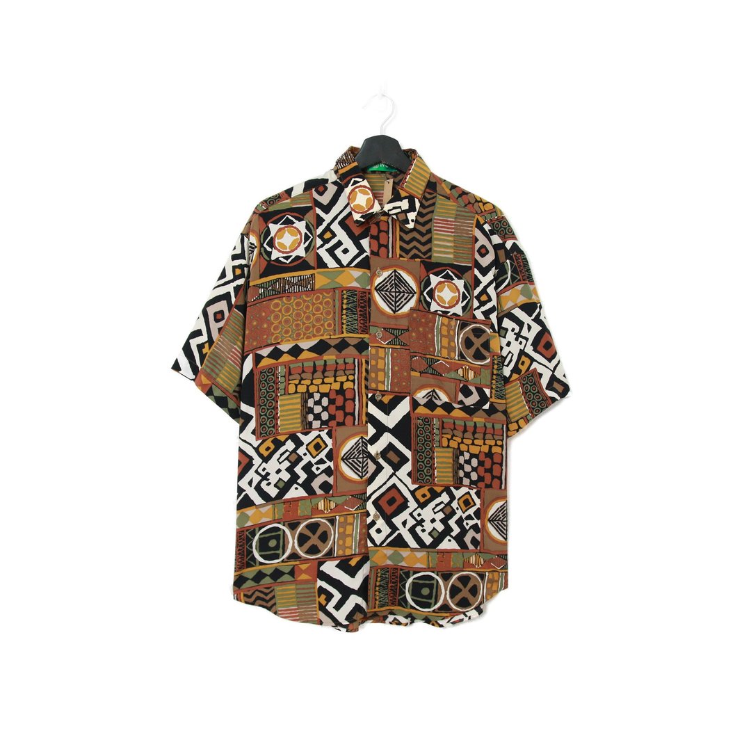 Back to Green- 短袖花衬衫 复古撞色图腾ss-20 vintage shirt - 男装背心 - 丝．绢 