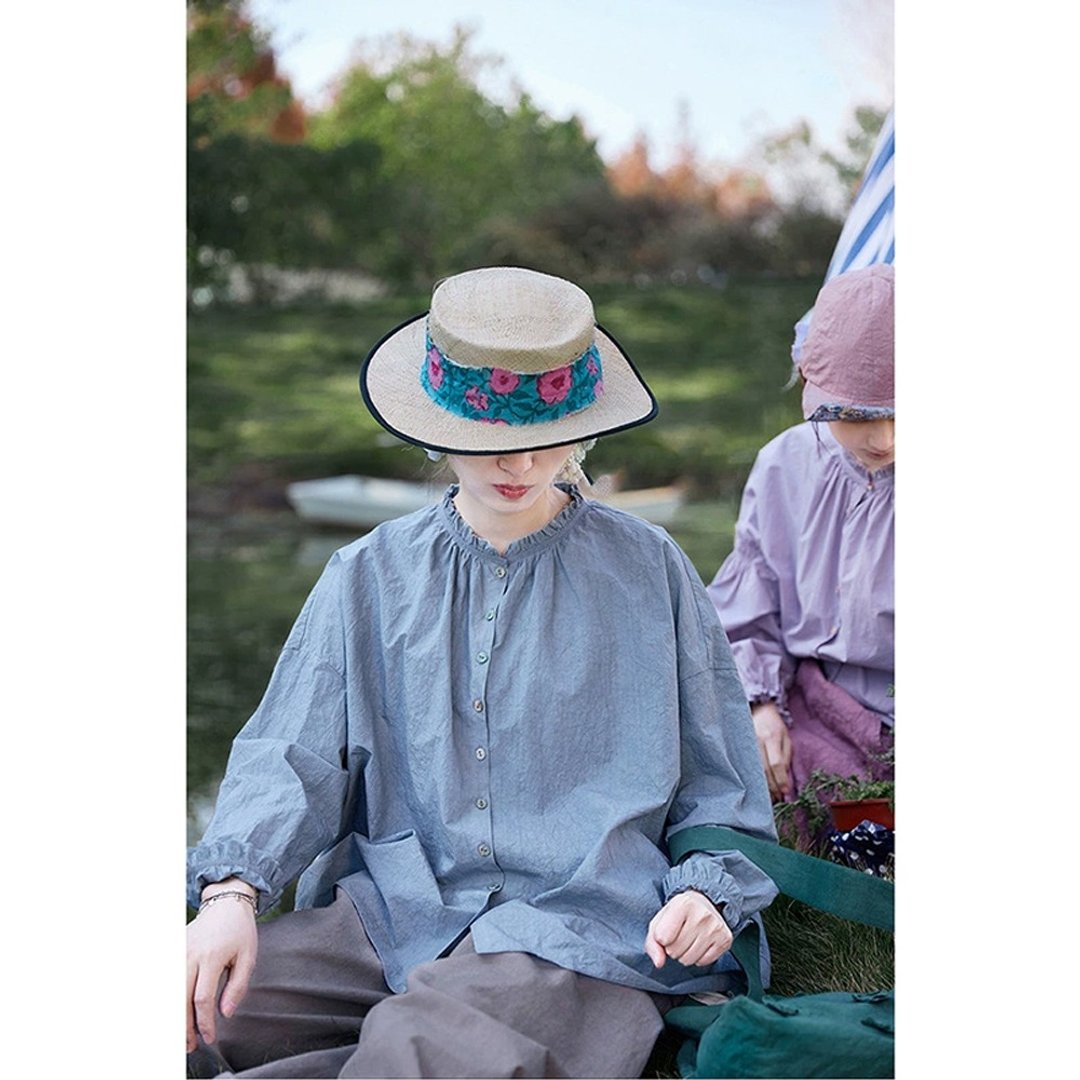 白群蓝棉麻花边领宽松衬衫 - 女装衬衫 - 棉 