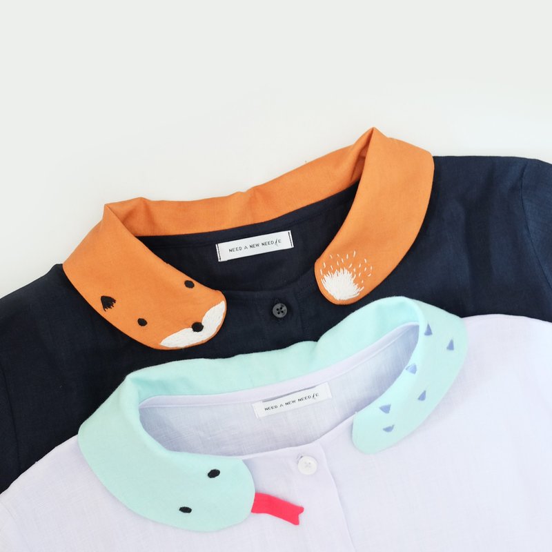 狐狸先生 / 小蛇小姐 - 手工刺绣亚麻短袖衬衫 - 女装衬衫 - 绣线 蓝色