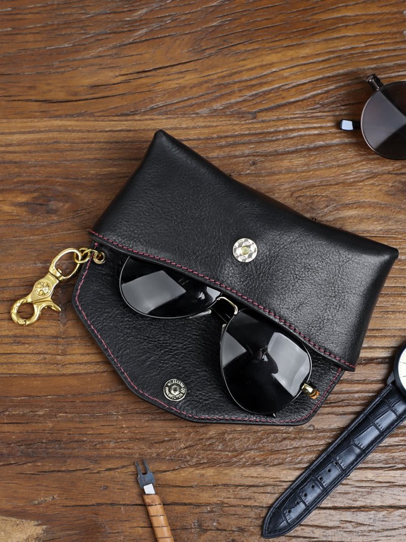 手工皮质眼镜盒便携小众太阳镜真皮眼镜袋男女牛皮挂脖墨镜包 - 眼镜盒/眼镜布 - 真皮 黑色