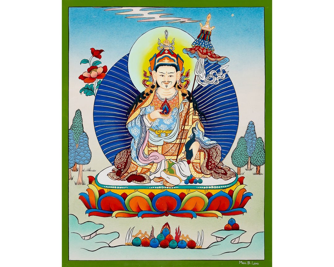 手工制作莲花生大士唐卡 – 智慧与慈悲的精髓 | 藏传艺术杰作 - 墙贴/壁贴 - 其他材质 多色