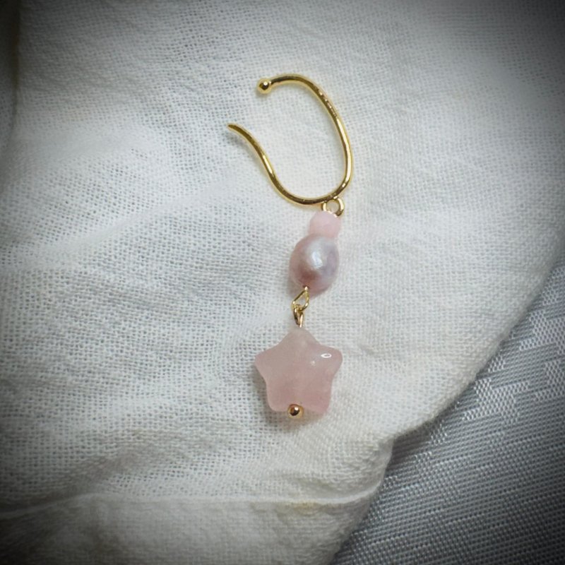 耳挂系列 - 淡紫珍珠与星形粉晶耳挂 - 耳环/耳夹 - 珍珠 粉红色