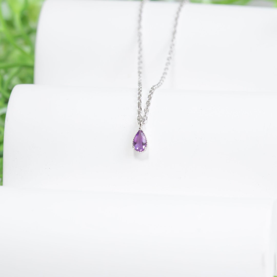 紫水晶925纯银水滴爪镶项链 - 项链 - 水晶 银色