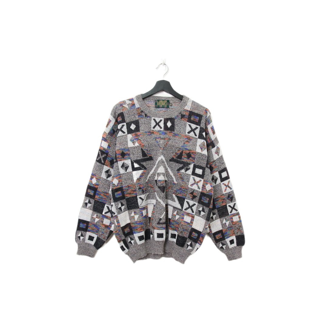 Back to Green-复古毛衣 灰 格子图腾 ws-47 vintage sweater - 男装针织衫/毛衣 - 棉．麻 