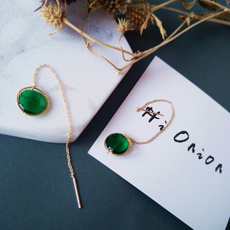 HiOnion翡冷翠 防过敏祖母绿耳环耳线耳夹 个性复古简约百搭耳饰 - 耳环/耳夹 - 水晶 绿色