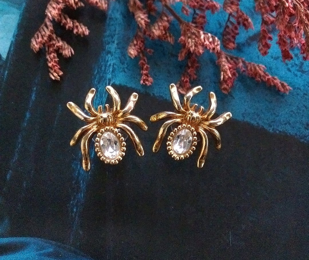 【西洋古董饰品 】 AVON 1992年  万圣节蜘蛛  针式耳环 - 耳环/耳夹 - 其他金属 金色
