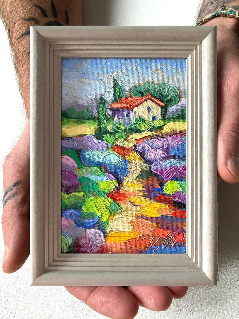 薰衣草田绘画托斯卡纳原创艺术风景油画厚涂小幅艺术品 4x6 托斯 - 墙贴/壁贴 - 木头 