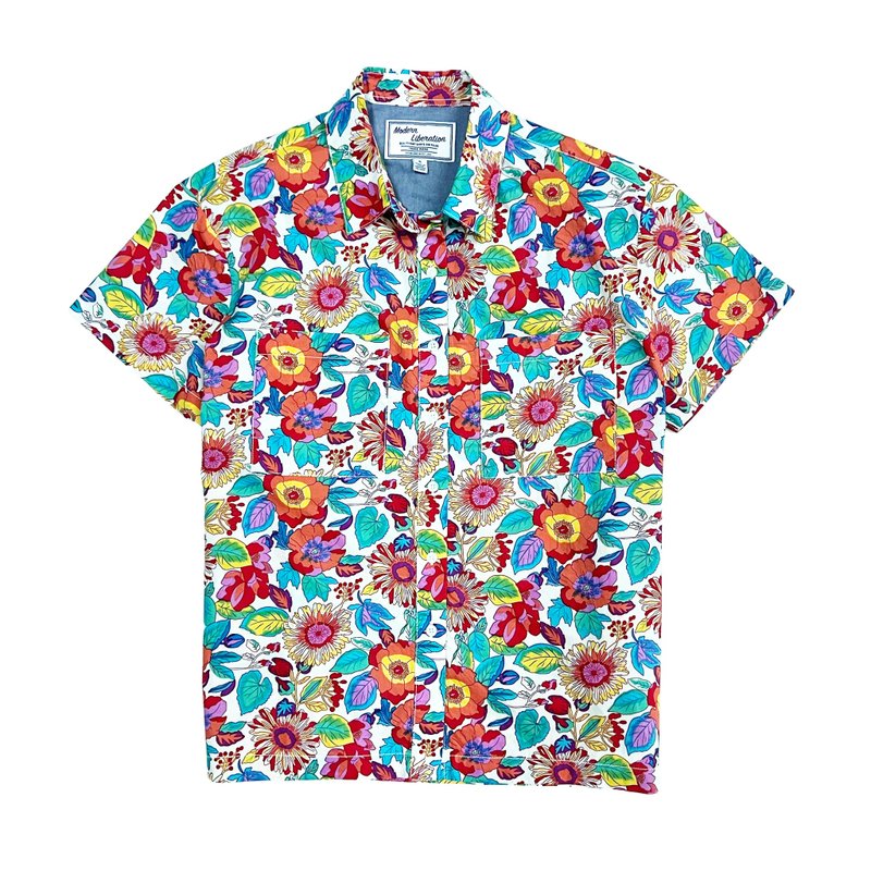 Women's Sunflower Print Shirt 女装向日葵衬衫 - 白色 - 女装衬衫 - 棉．麻 白色