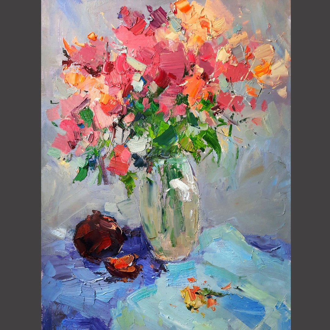 Oil painting Still life with pomegranate, original artwork, 100% hand-painted - 海报/装饰画/版画 - 其他材质 多色