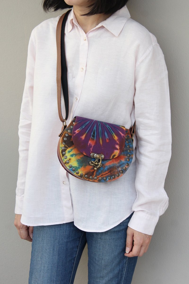 波西米亚斜背包吊带包帆布皮革铆钉包扎染色 - 侧背包/斜挎包 - 真皮 多色