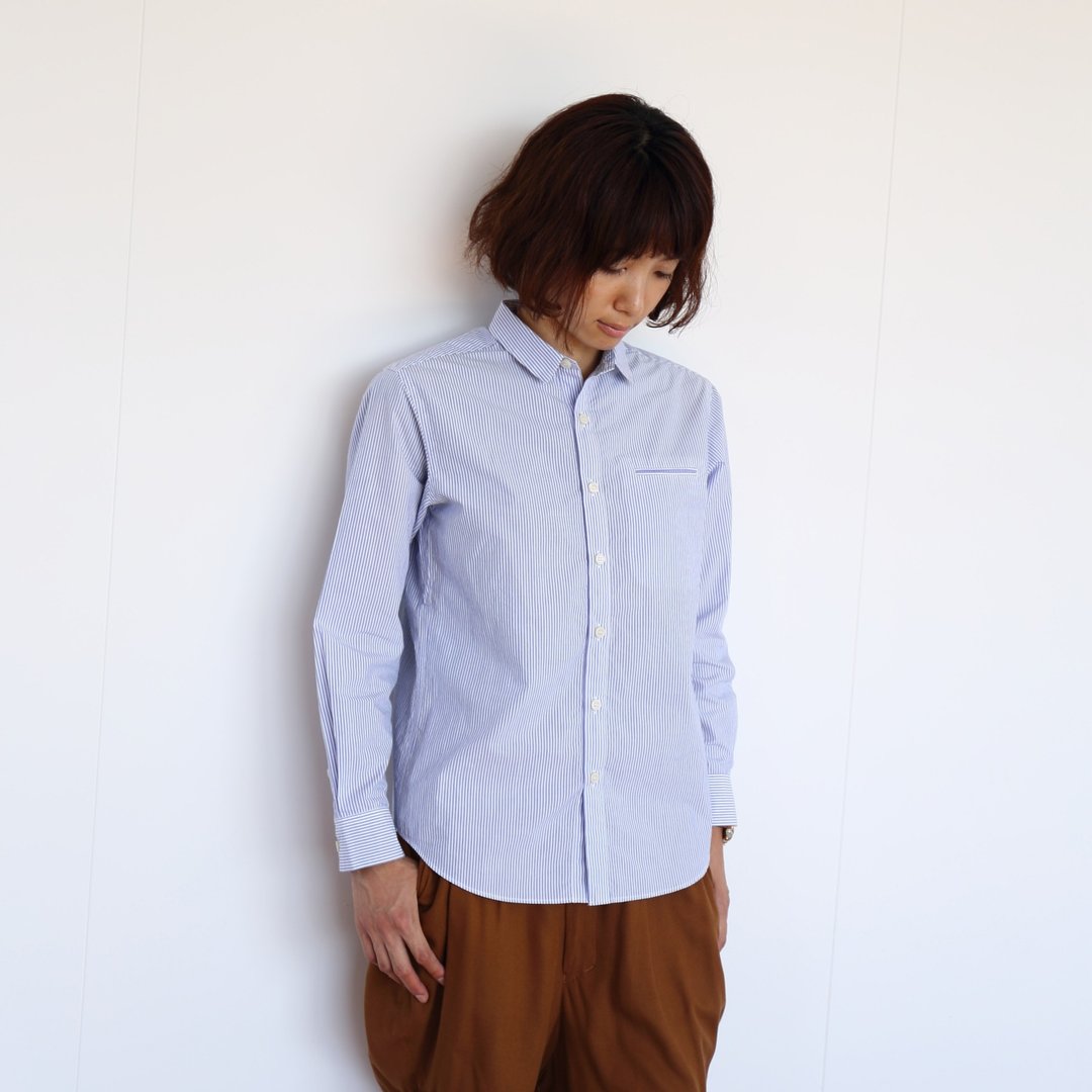 蓝色超高密度棉质条纹衬衫 blue［男女都可穿 size1］ - 女装衬衫 - 棉 白色