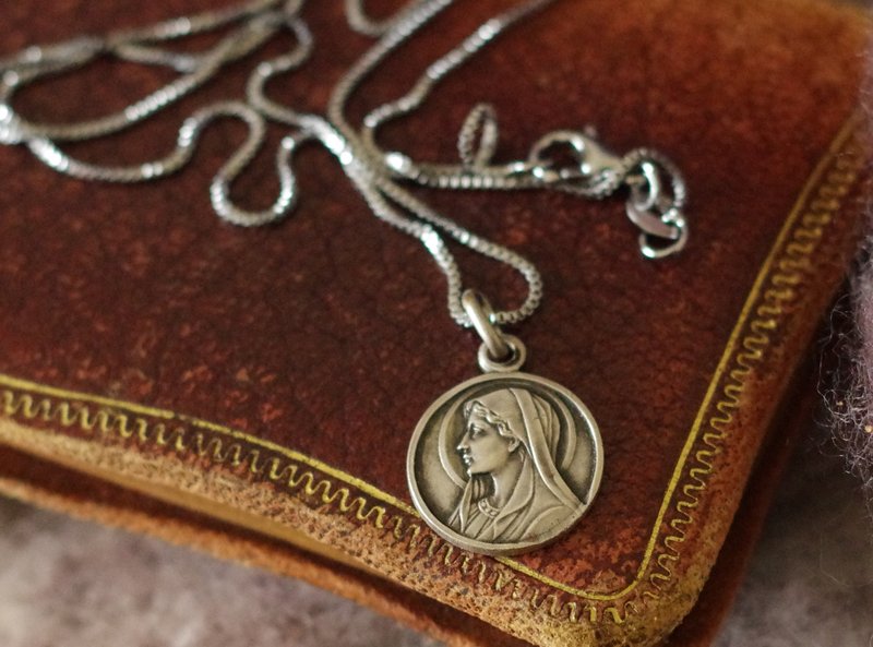 古董法国圣母信仰教堂十字架耶稣基督银色双面项链 N627 - 项链 - 其他金属 银色