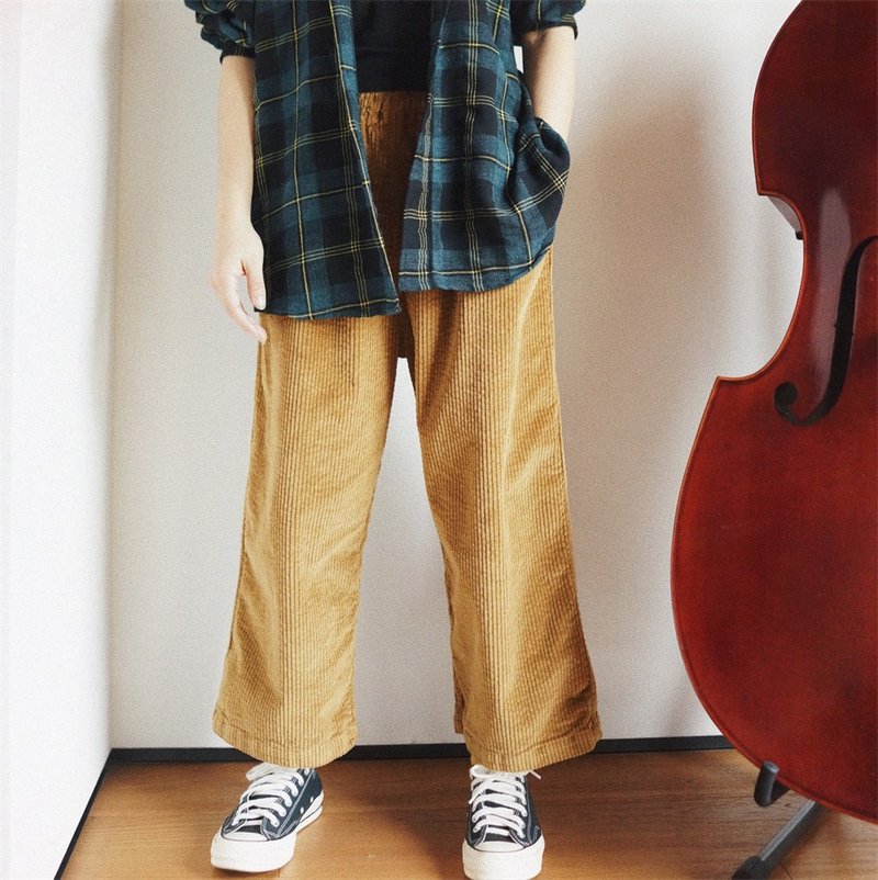 駝黃燈芯絨 寬松休閒秋冬工裝褲 直筒褲 松緊腰男女同款長褲 - 女装长裤 - 棉．麻 黄色