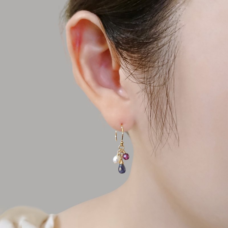 堇青石小圆水滴 石榴石 米粒淡水珍珠 14Kgf 包金 Cluster 耳环 - 耳环/耳夹 - 半宝石 紫色