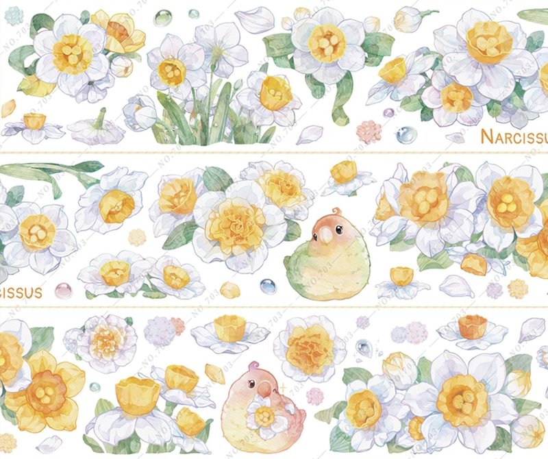 小太阳 淡いすいせん & 小鳥 PET 和紙膠帶 鐳射銀 10米卷 台灣製 - 纸胶带 - 其他材质 多色