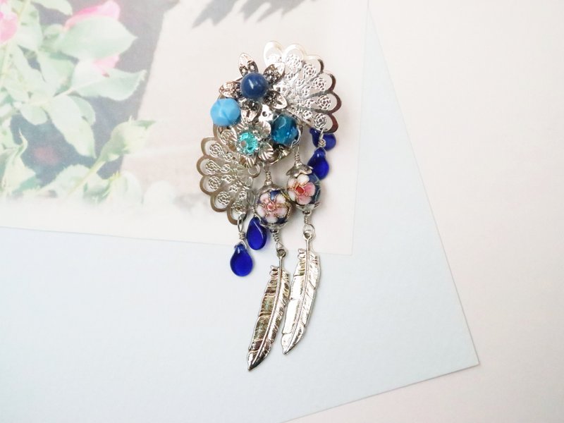 落雁美人王昭君 中国风发簪步摇胸针 景泰蓝水晶 历史系列 - 胸针 - 玻璃 蓝色