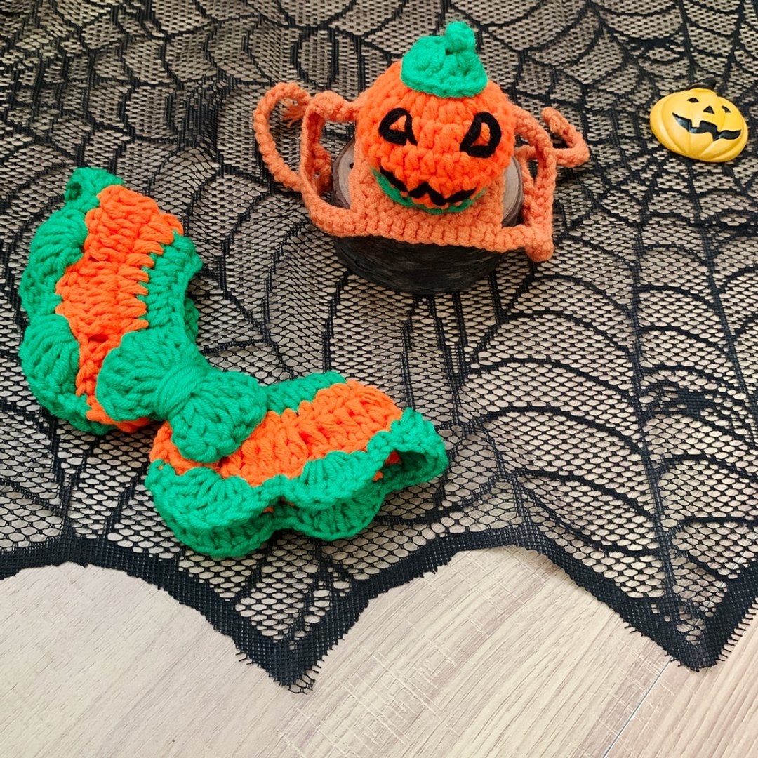 Halloween万圣-绿南瓜蹲-宠物狗狗猫咪帽子/领巾/南瓜 - 衣/帽 - 棉 多色
