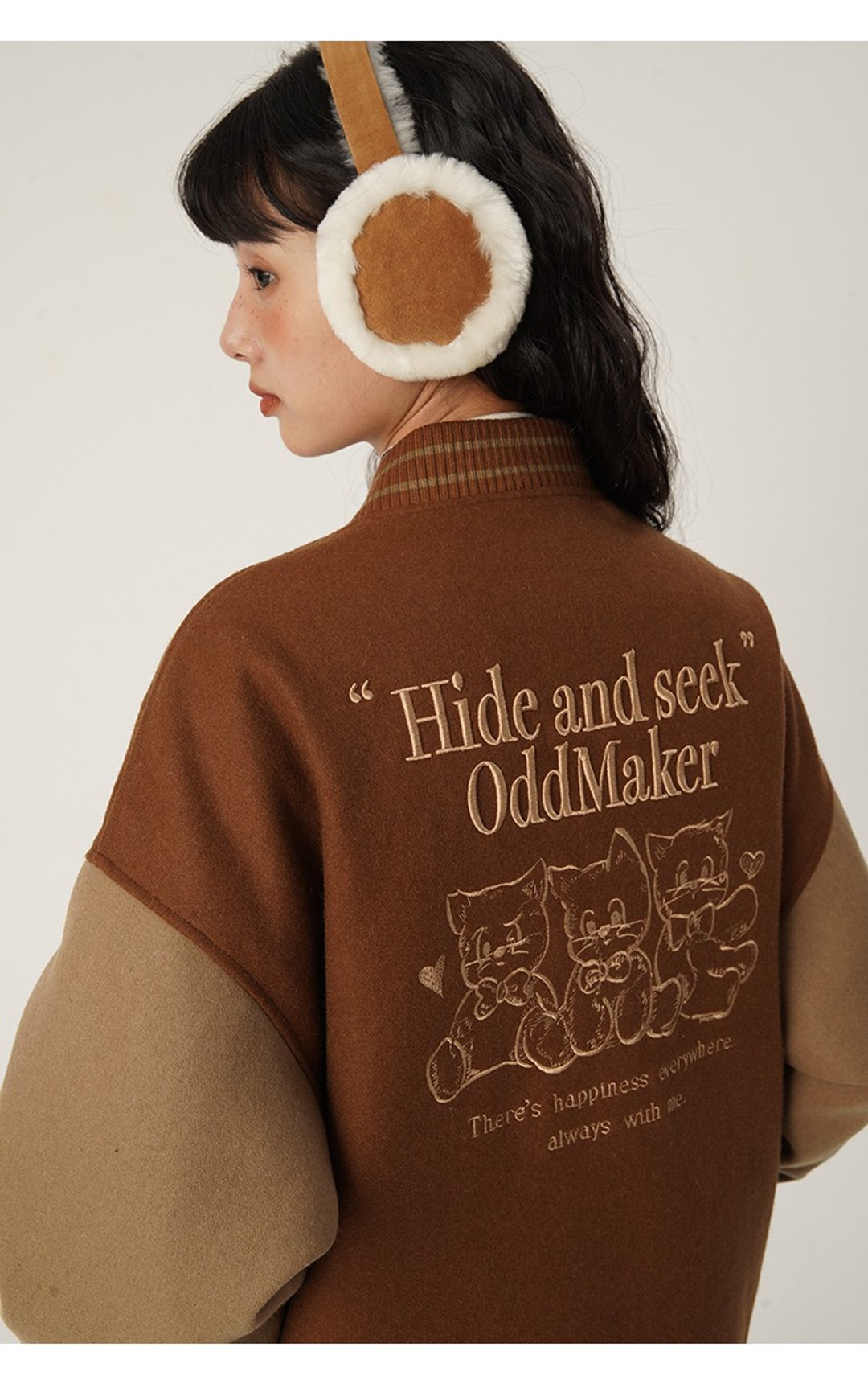 oddmaker羊毛呢小猫棒球服女冬季原创设计美式复古宽松小众潮外套 - 女装上衣 - 羊毛 