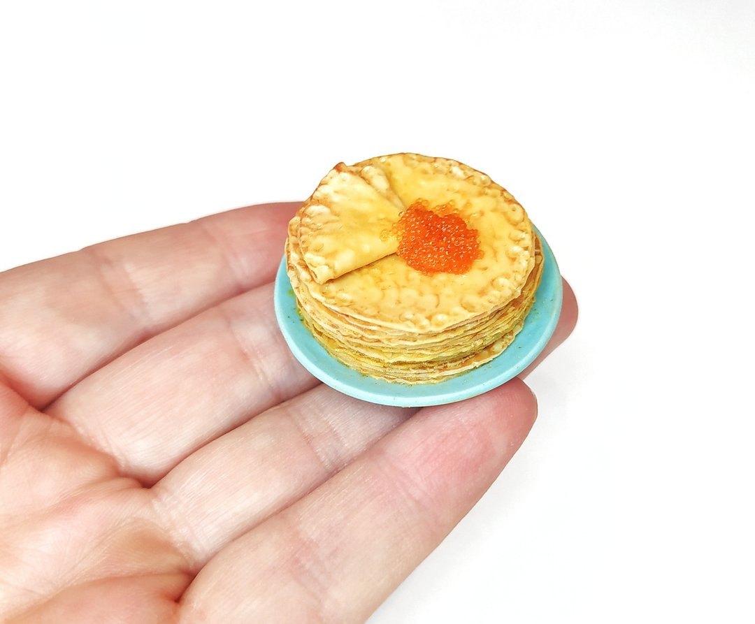 Realistic miniature pancakes with caviar Food for dolls Dollhouse accessories - 摆饰 - 其他材质 