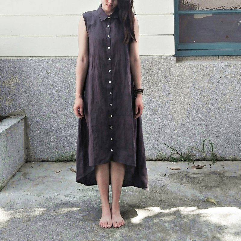 Feliz & Recap [ 圆弧摆背心 ] 苎麻 铁灰 - 洋装/连衣裙 - 棉．麻 灰色