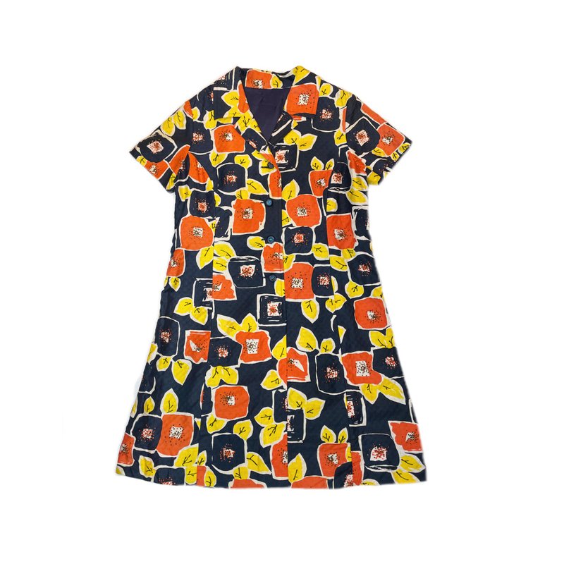 六零年代几何花朵图腾翻领短洋装 - 洋装/连衣裙 - 棉．麻 多色