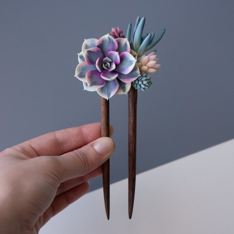 带有 Echeveria Rainbow 的木制发夹 - 发饰 - 其他材质 