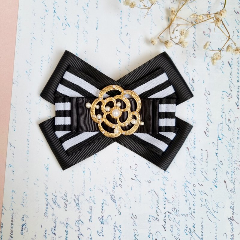 蝴蝶结胸针 山茶花缎带胸针 黑蝴蝶结胸针 洋装胸针 手工制作 - 胸针 - 棉．麻 黑色