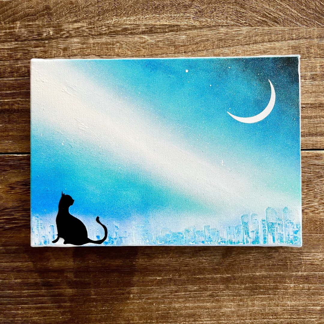 Crescent moon and cat canvas panel landscape painting - 海报/装饰画/版画 - 棉 蓝色